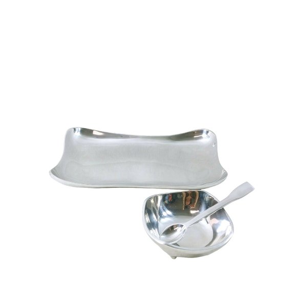 Serving Tray Bowl and Spoon Polished Metal Silver Color - Picture 5 of 10